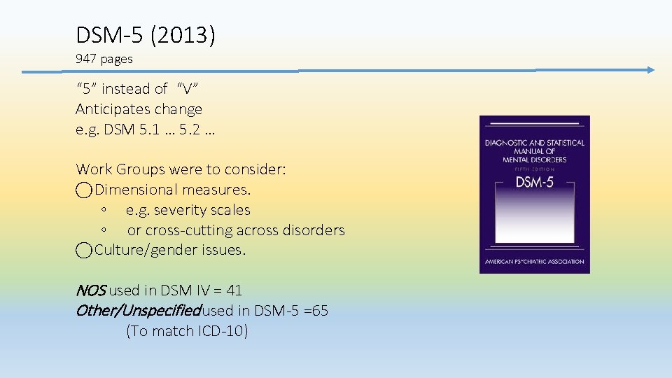 DSM‐ 5 (2013) 947 pages “ 5” instead of “V” Anticipates change e. g.