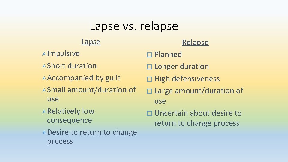 Lapse vs. relapse Lapse Impulsive Short duration Accompanied by guilt Small amount/duration of use