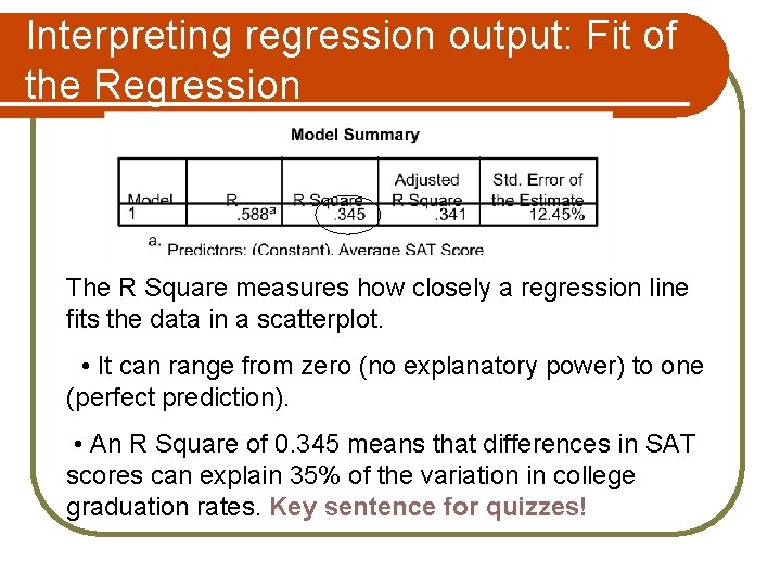 Interpreting regression output: Fit of the Regression The R Square measures how closely a