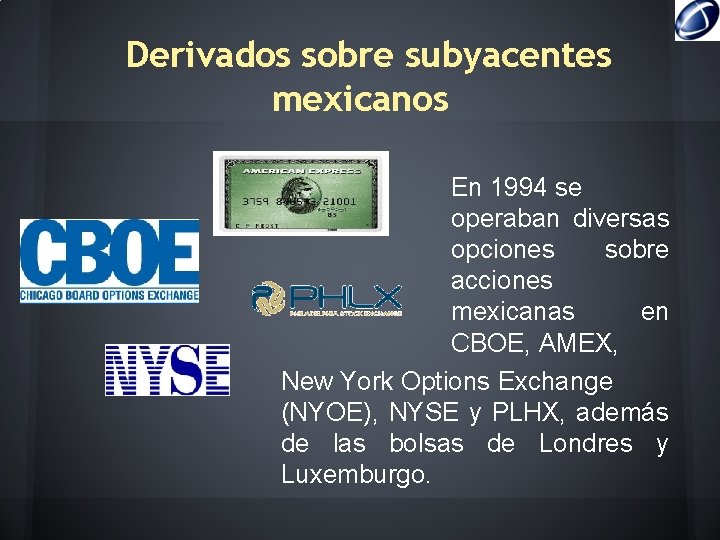 Derivados sobre subyacentes mexicanos En 1994 se operaban diversas opciones sobre acciones mexicanas en