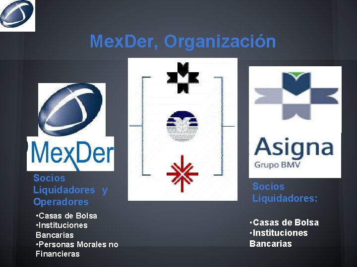 Mex. Der, Organización Socios Liquidadores y Operadores • Casas de Bolsa • Instituciones Bancarias