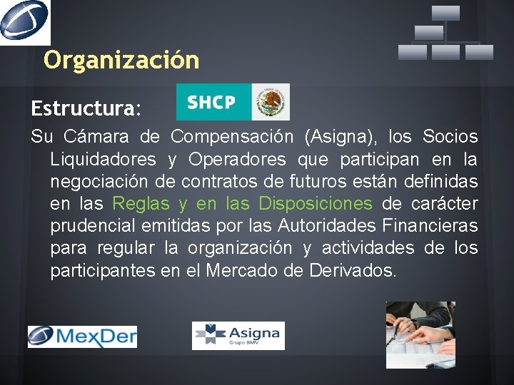 Organización Estructura: Su Cámara de Compensación (Asigna), los Socios Liquidadores y Operadores que participan