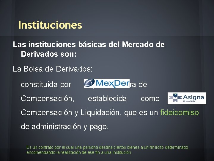 Instituciones Las instituciones básicas del Mercado de Derivados son: La Bolsa de Derivados: constituida