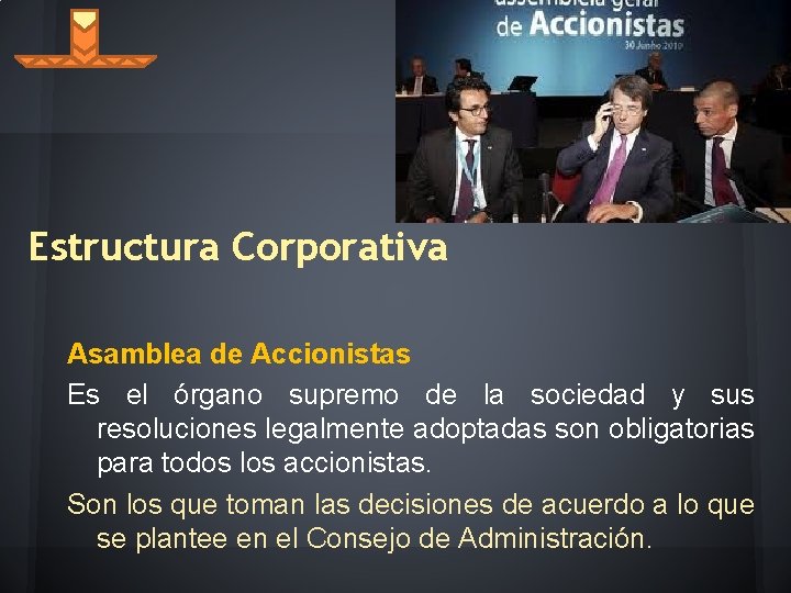 Estructura Corporativa Asamblea de Accionistas Es el órgano supremo de la sociedad y sus