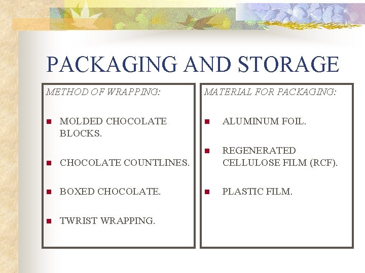 PACKAGING AND STORAGE METHOD OF WRAPPING: n MOLDED CHOCOLATE BLOCKS. n CHOCOLATE COUNTLINES. n