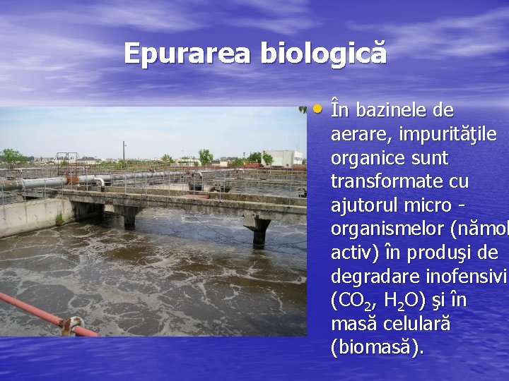 Epurarea biologică • În bazinele de aerare, impurităţile organice sunt transformate cu ajutorul micro