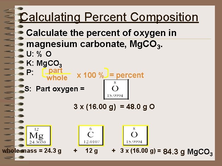 Calculating Percent Composition Calculate the percent of oxygen in magnesium carbonate, Mg. CO 3.