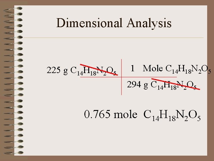 Dimensional Analysis 225 g C 14 H 18 N 2 O 5 1 Mole