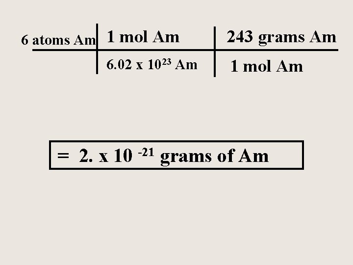 6 atoms Am 1 mol Am 243 grams Am 6. 02 x 1023 Am