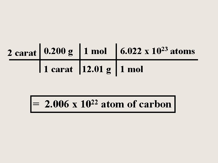 2 carat 0. 200 g 1 mol 6. 022 x 1023 atoms 1 carat