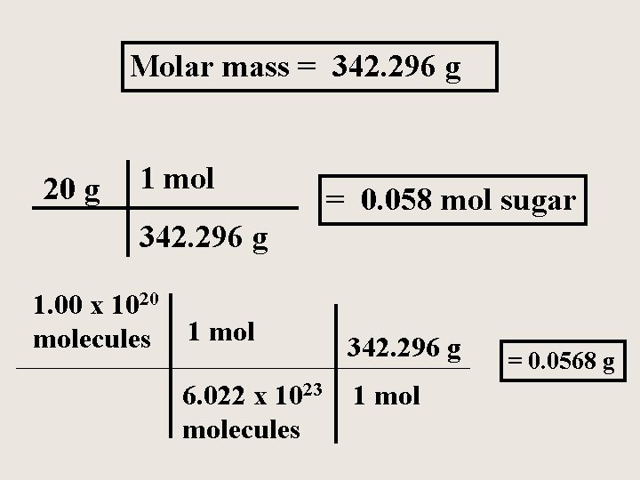 Molar mass = 342. 296 g 20 g 1 mol = 0. 058 mol