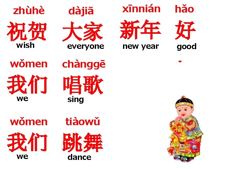 zhùhè dàjiā xīnnián hǎo 祝贺 大家 新年 好 ! wǒmen chànggē 我们 唱歌 wish