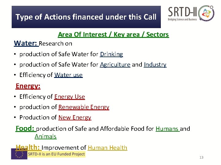 Type of Actions financed under this Call Area Of Interest / Key area / Type of Actions financed under this Call Area Of Interest / Key area /