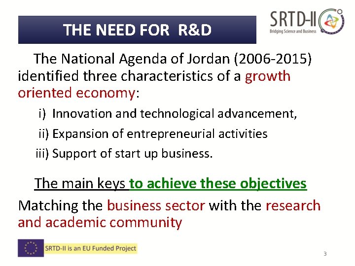 THE NEED FOR R&D The National Agenda of Jordan (2006 -2015) identified three characteristics THE NEED FOR R&D The National Agenda of Jordan (2006 -2015) identified three characteristics