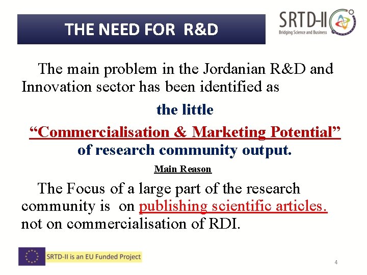 THE NEED FOR R&D The main problem in the Jordanian R&D and Innovation sector THE NEED FOR R&D The main problem in the Jordanian R&D and Innovation sector