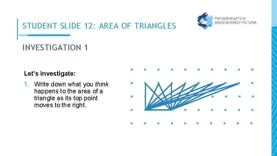 STUDENT SLIDE 12: AREA OF TRIANGLES INVESTIGATION 1 Let’s investigate: 1. Write down what