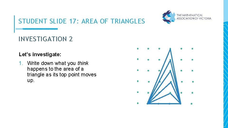 STUDENT SLIDE 17: AREA OF TRIANGLES INVESTIGATION 2 Let’s investigate: 1. Write down what