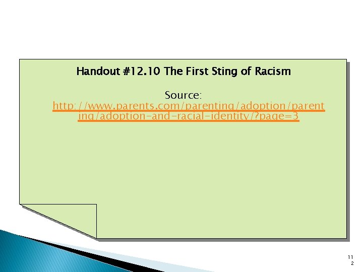 Handout #12. 10 The First Sting of Racism Source: http: //www. parents. com/parenting/adoption/parent ing/adoption-and-racial-identity/?