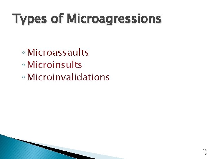 Types of Microagressions ◦ Microassaults ◦ Microinsults ◦ Microinvalidations 13 2 