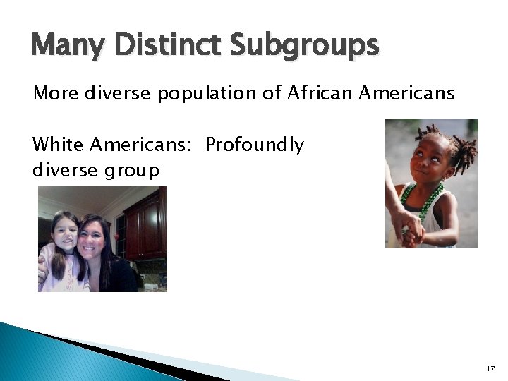 Many Distinct Subgroups More diverse population of African Americans White Americans: Profoundly diverse group