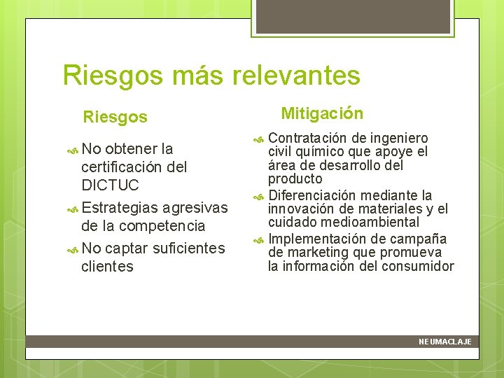 Riesgos más relevantes Mitigación Riesgos No obtener la certificación del DICTUC Estrategias agresivas de