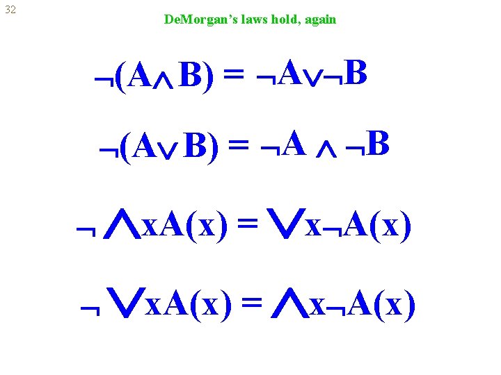 32 De. Morgan’s laws hold, again (A B) = A B (A B) =