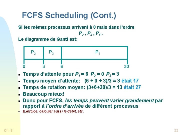 FCFS Scheduling (Cont. ) Si les mêmes processus arrivent à 0 mais dans l’ordre