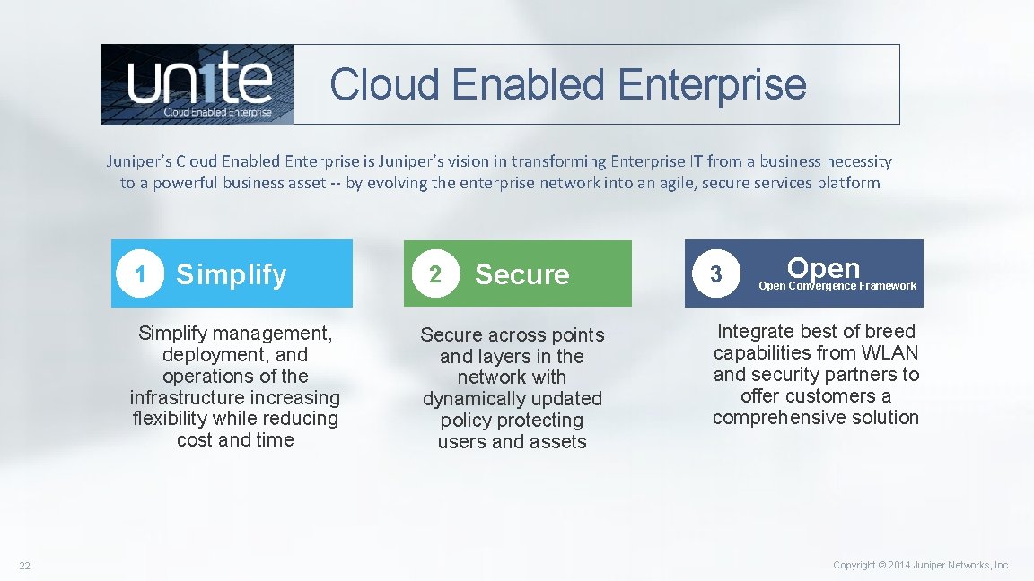 Cloud Enabled Enterprise Juniper’s Cloud Enabled Enterprise is Juniper’s vision in transforming Enterprise IT Cloud Enabled Enterprise Juniper’s Cloud Enabled Enterprise is Juniper’s vision in transforming Enterprise IT