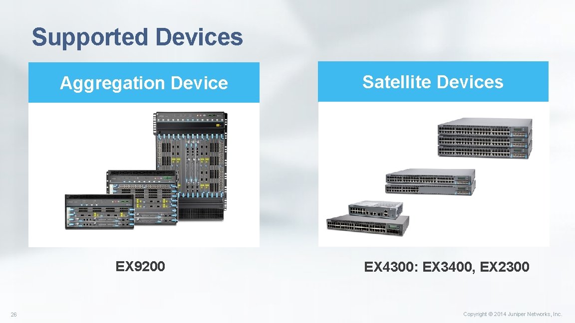 Supported Devices Aggregation Device EX 9200 26 Satellite Devices EX 4300: EX 3400, EX Supported Devices Aggregation Device EX 9200 26 Satellite Devices EX 4300: EX 3400, EX
