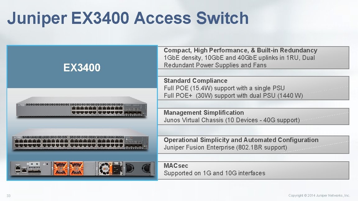 Juniper EX 3400 Access Switch EX 3400 Compact, High Performance, & Built-in Redundancy 1 Juniper EX 3400 Access Switch EX 3400 Compact, High Performance, & Built-in Redundancy 1