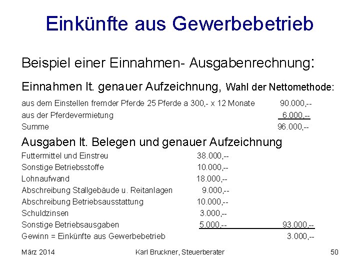 Einkünfte aus Gewerbebetrieb Beispiel einer Einnahmen- Ausgabenrechnung: Einnahmen lt. genauer Aufzeichnung, Wahl der Nettomethode: