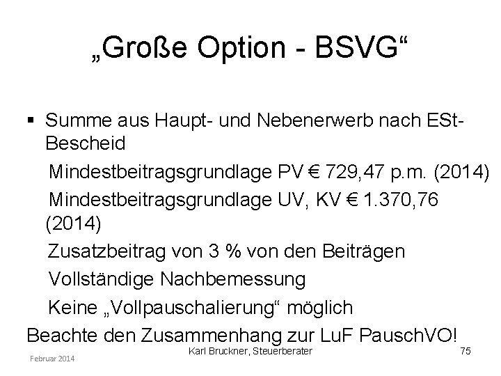 „Große Option - BSVG“ Summe aus Haupt- und Nebenerwerb nach ESt. Bescheid Mindestbeitragsgrundlage PV