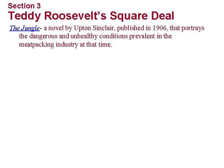 Section 3 Teddy Roosevelt’s Square Deal The Jungle- a novel by Upton Sinclair, published