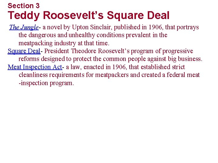 Section 3 Teddy Roosevelt’s Square Deal The Jungle- a novel by Upton Sinclair, published