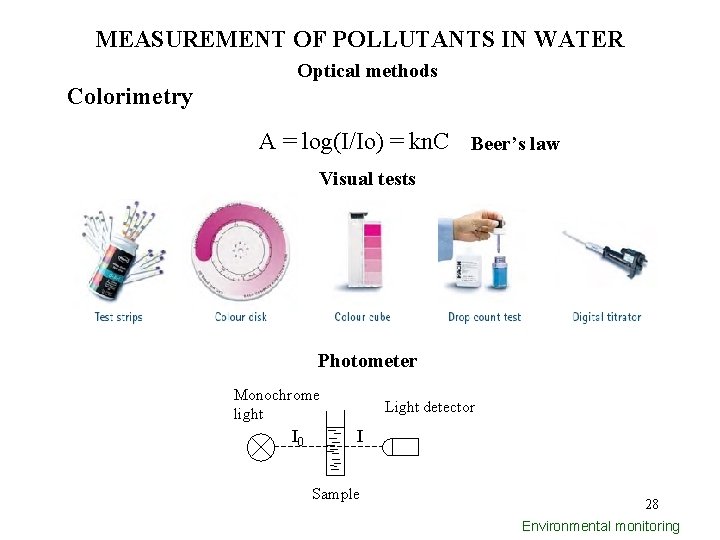 MEASUREMENT OF POLLUTANTS IN WATER Optical methods Colorimetry A = log(I/Io) = kn. C