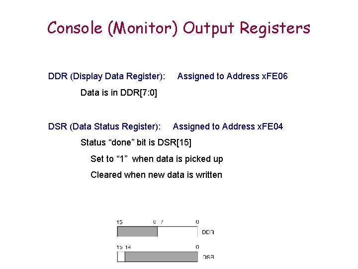 Console (Monitor) Output Registers DDR (Display Data Register): Assigned to Address x. FE 06 Console (Monitor) Output Registers DDR (Display Data Register): Assigned to Address x. FE 06