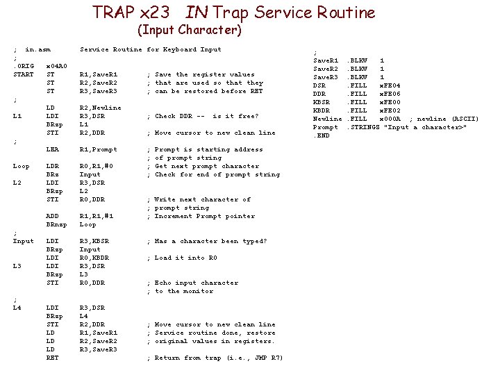 TRAP x 23 IN Trap Service Routine (Input Character) ; in. asm ; . TRAP x 23 IN Trap Service Routine (Input Character) ; in. asm ; .