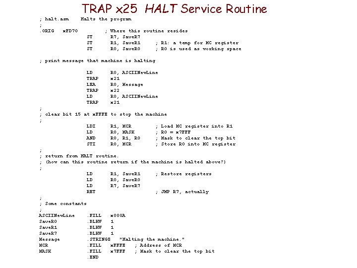 TRAP x 25 HALT Service Routine ; halt. asm Halts the program ; . TRAP x 25 HALT Service Routine ; halt. asm Halts the program ; .