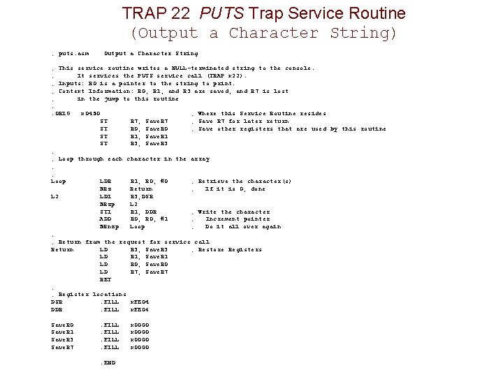 TRAP 22 PUTS Trap Service Routine (Output a Character String) ; puts. asm Output TRAP 22 PUTS Trap Service Routine (Output a Character String) ; puts. asm Output