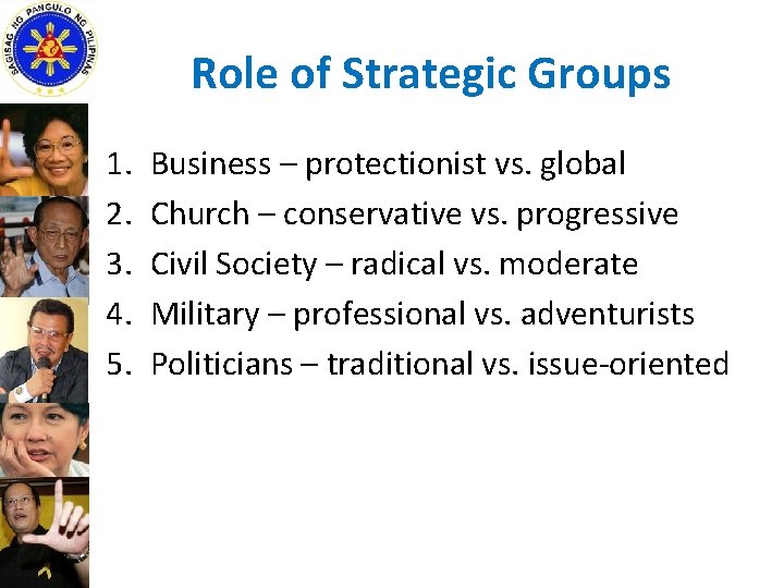 Role of Strategic Groups 1. 2. 3. 4. 5. Business – protectionist vs. global