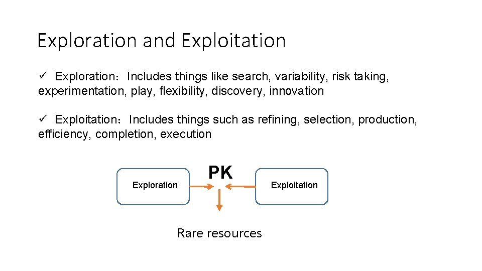 Exploration and Exploitation ü Exploration：Includes things like search, variability, risk taking, experimentation, play, flexibility,