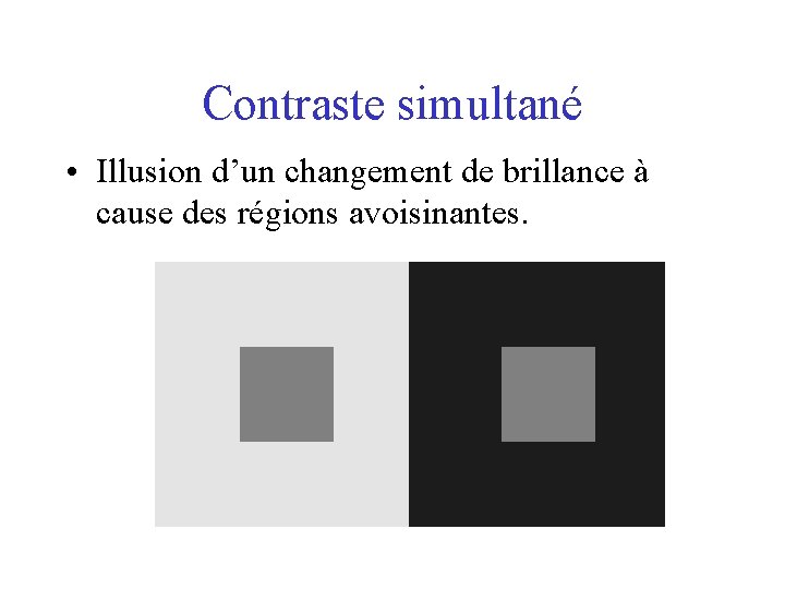 Contraste simultané • Illusion d’un changement de brillance à cause des régions avoisinantes. 