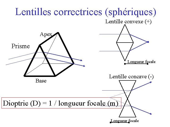 Lentilles correctrices (sphériques) Lentille convexe (+) Apex Prisme Longueur focale Base Lentille concave (-)