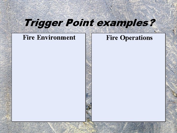 Trigger Point examples? Fire Environment Fire Operations 