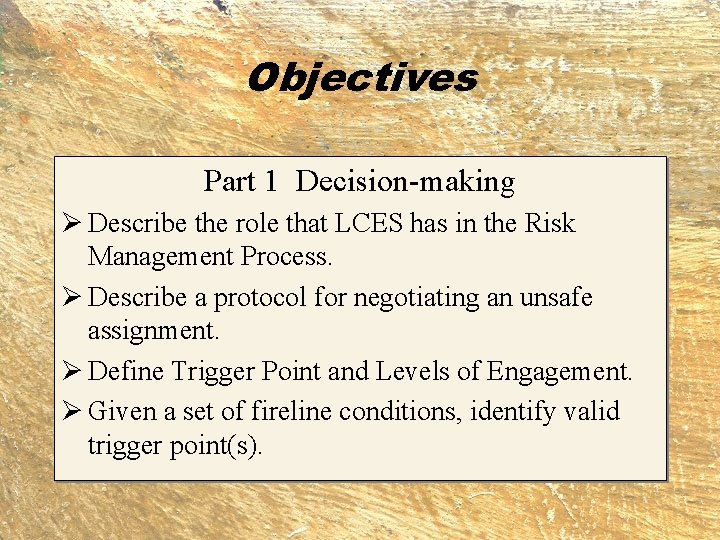 Objectives Part 1 Decision-making Ø Describe the role that LCES has in the Risk