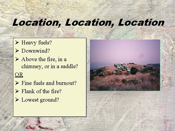 Location, Location Ø Heavy fuels? Ø Downwind? Ø Above the fire, in a chimney,