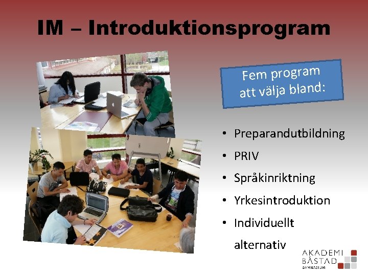 IM – Introduktionsprogram Fem program att välja bland: • Preparandutbildning • PRIV • Språkinriktning