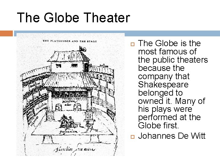 The Globe Theater The Globe is the most famous of the public theaters because