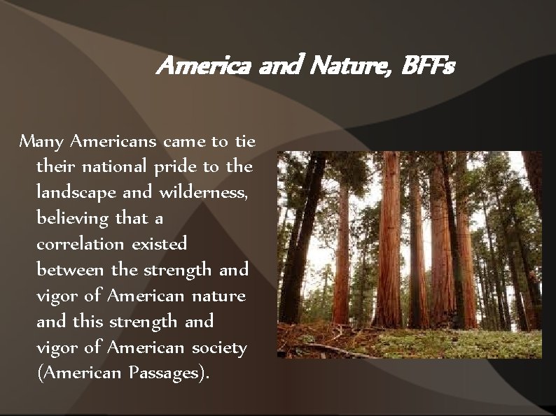 America and Nature, BFFs Many Americans came to tie their national pride to the