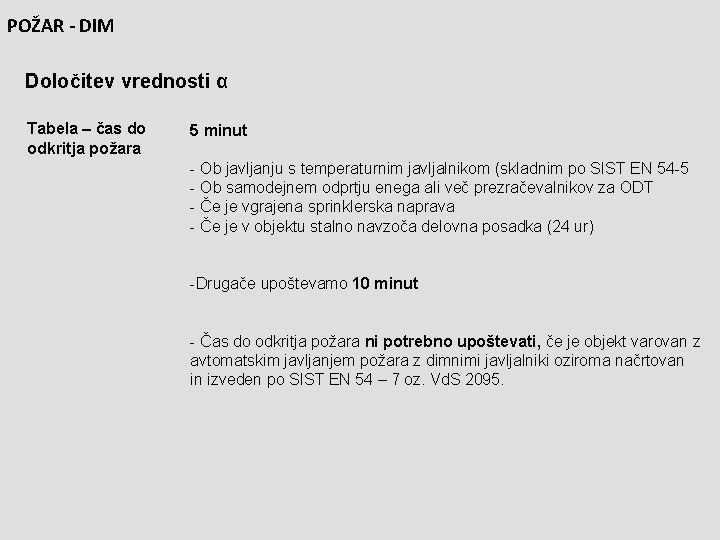 POŽAR - DIM Določitev vrednosti α Tabela – čas do odkritja požara 5 minut